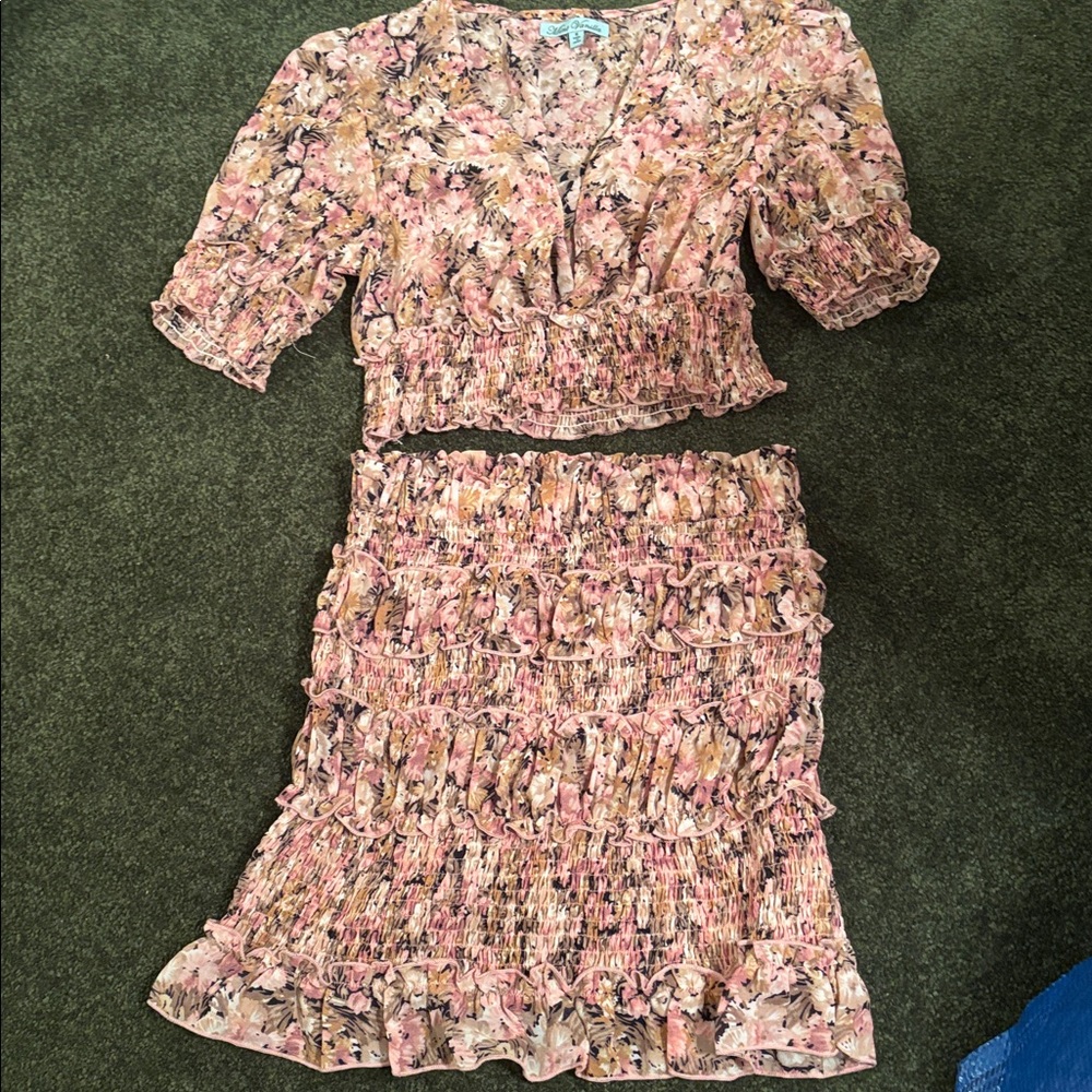 Mint Vanilla Blush Pink Floral Smocked Crop Blouse & Skirt Set